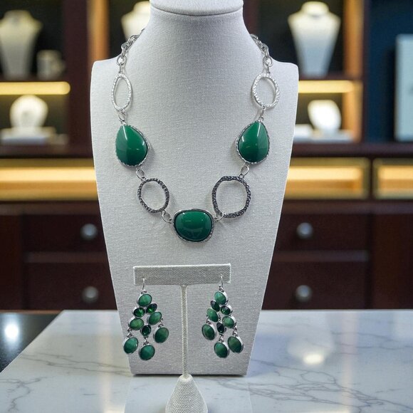 Boho Festival Jewelry Set Green Statement Earrings Necklace Whimsical Coquette - Picture 1 of 9